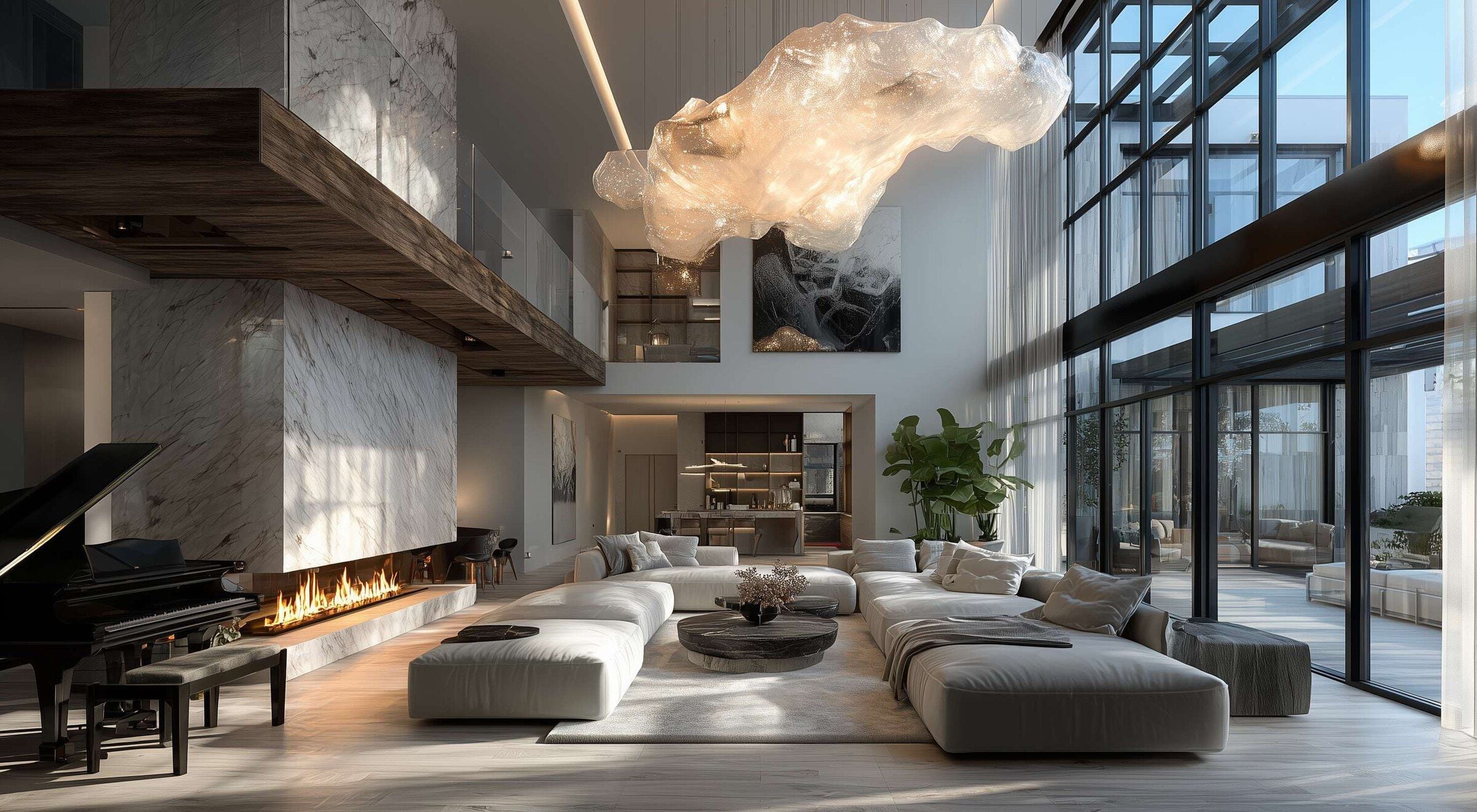 Double-height private villa living room with sculptural lighting, marble, timber, and expansive glazing.